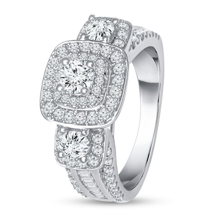 1.45 CT. T.W. Diamond Cushion Frame Three Stone Engagement Ring in 10K White Gold (I/I1)