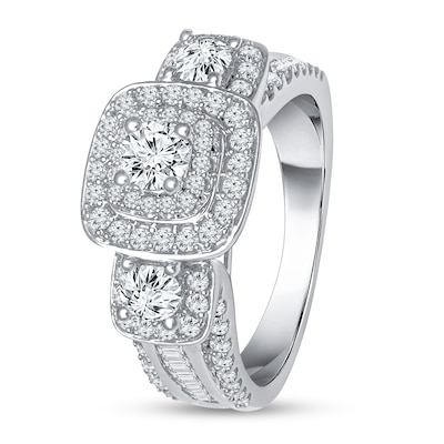 1.45 CT. T.W. Diamond Cushion Frame Three Stone Engagement Ring in 10K White Gold (I/I1)