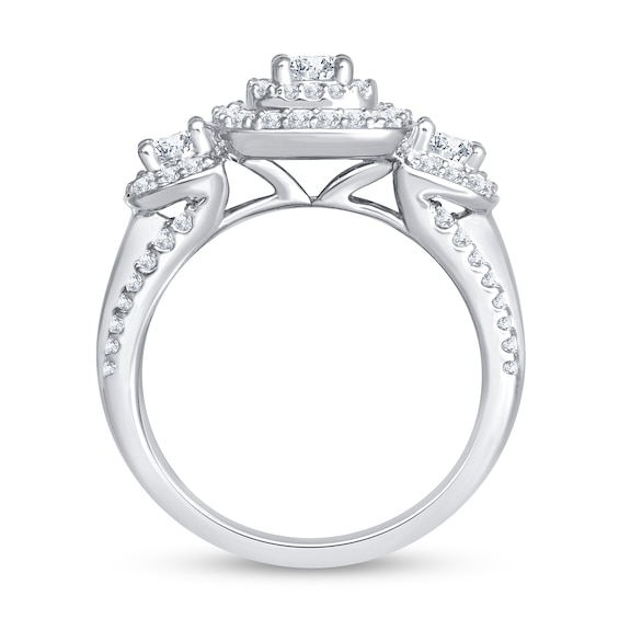 1.45 CT. T.W. Diamond Cushion Frame Three Stone Engagement Ring in 10K White Gold (I/I1)