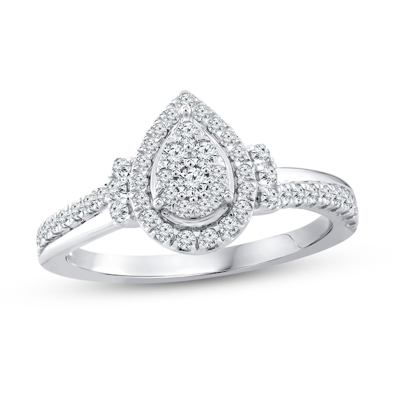 0.37 CT. T.W. Pear Multi-Diamond Linear Tri-Sides Engagement Ring in 10K White Gold