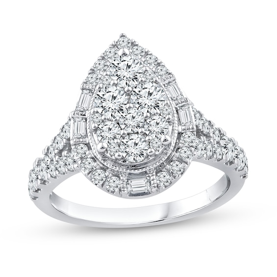 1.45 CT. T.W. Pear Multi-Diamond Vintage-Style Engagement Ring in 14K White Gold