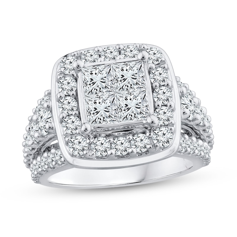 3.37 CT. T.W. Quad Princess-Cut Diamond Cushion Frame Multi-Row Engagement Ring in 14K White Gold|Peoples Jewellers