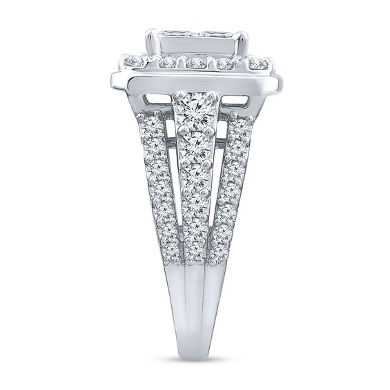 3.37 CT. T.W. Quad Princess-Cut Diamond Cushion Frame Multi-Row Engagement Ring in 14K White Gold