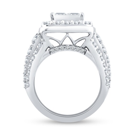 3.37 CT. T.W. Quad Princess-Cut Diamond Cushion Frame Multi-Row Engagement Ring in 14K White Gold