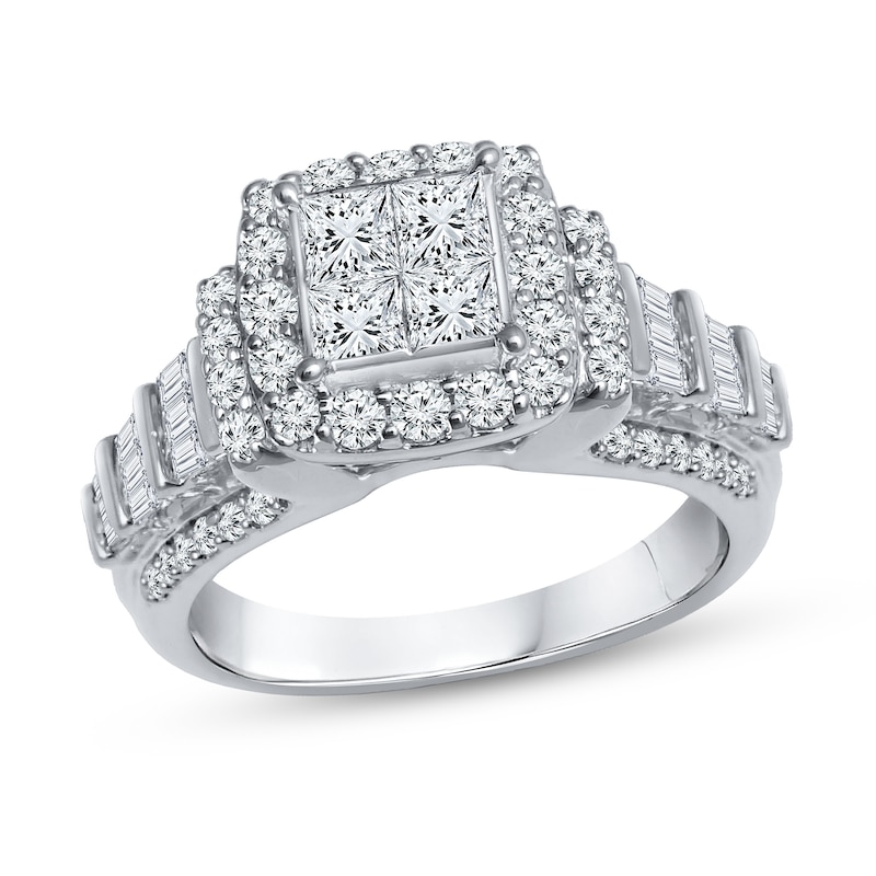 1.75 CT. T.W. Quad Princess-Cut Diamond Frame Tiered Shank Engagement Ring in 14K White Gold|Peoples Jewellers