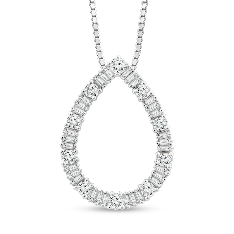 0.45 CT. T.W. Baguette and Round Diamond Outline Teardrop Pendant in 10K White Gold|Peoples Jewellers