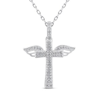 0.18 CT. T.W. Diamond Double Row Cross with Wings Pendant in 10K White Gold