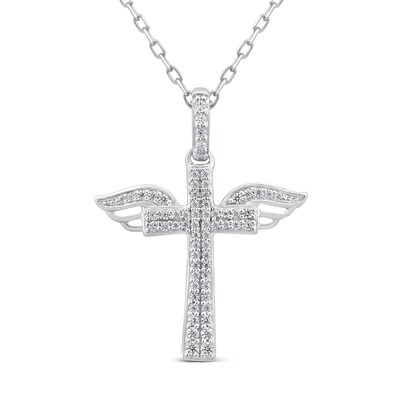 0.18 CT. T.W. Diamond Double Row Cross with Wings Pendant in 10K White Gold