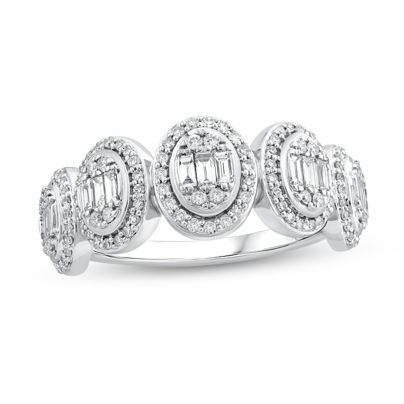 0.58 CT. T.W. Oval Multi-Diamond Frame Five Stone Ring in 10K White Gold|Peoples Jewellers