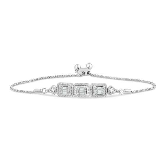 Sideways 0.58 CT. T.W. Rectangle Multi-Diamond Three Stone Bolo Bracelet in 10K White Gold - 10.1"