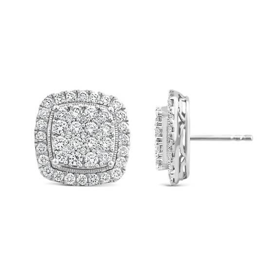 1.95 CT. T.W. Cushion Multi-Diamond Frame Vintage-Style Stud Earrings in 14K White Gold