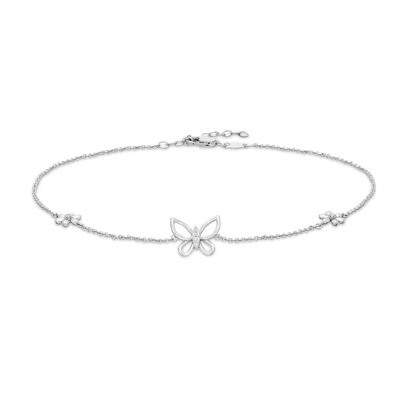 Diamond Accent Butterfly Anklet in Sterling Silver - 10"