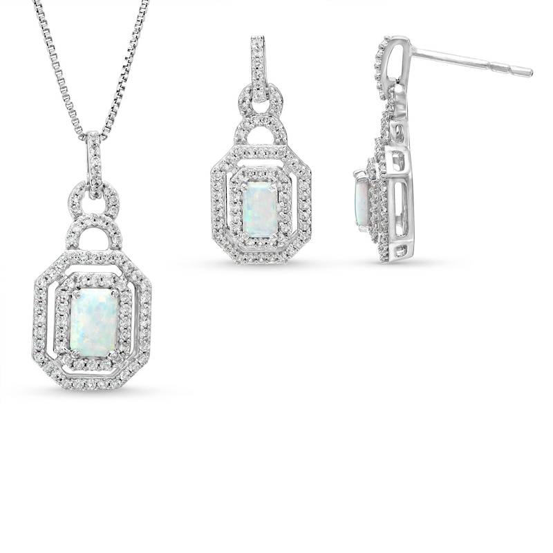 Emerald-Cut Lab-Created Opal and White Lab-Created Sapphire Doorknocker Pendant and Earrings Set in Sterling Silver|Peoples Jewellers