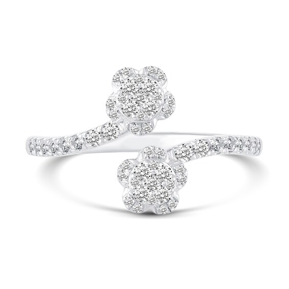 0.37 CT. T.W. Multi-Diamond Double Floral Bypass Open Shank Ring in 14K White Gold - Size 7