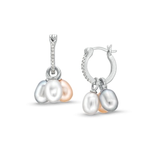 Baroque Multi-Colour Freshwater Cultured Pearl and 0.085 CT. T.W. Diamond Dangle Hoop Earrings in Sterling Silver