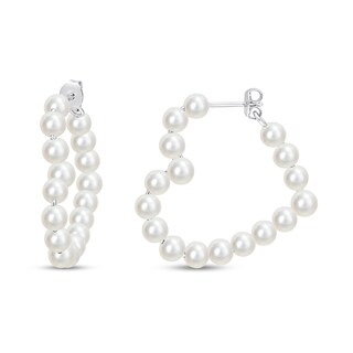 4.0-4.5mm Freshwater Cultured Pearl 30.0mm Heart-Shaped Hoop Earrings in Sterling Silver