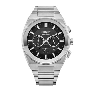 Men's Citizen Eco-Drive® Axiom Chronograph Silver-Tone Watch with Black Dial (Model: CA4580-50E)