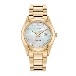 Ladies' Citizen Eco-Drive® Diamond Accent Gold-Tone Watch with Mother-of-Pearl Dial (Model: EW2702-59D)