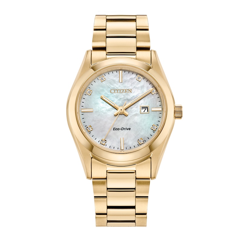 Ladies' Citizen Eco-Drive® Diamond Accent Gold-Tone Watch with Mother-of-Pearl Dial (Model: EW2702-59D)|Peoples Jewellers