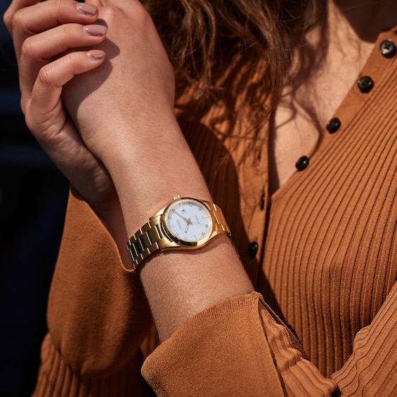 Ladies' Citizen Eco-Drive® Diamond Accent Gold-Tone Watch with Mother-of-Pearl Dial (Model: EW2702-59D)