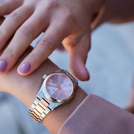 Ladies' Citizen Eco-Drive® Diamond Accent Rose Two-Tone Watch with Pink Dial (Model: EW2706-58X)