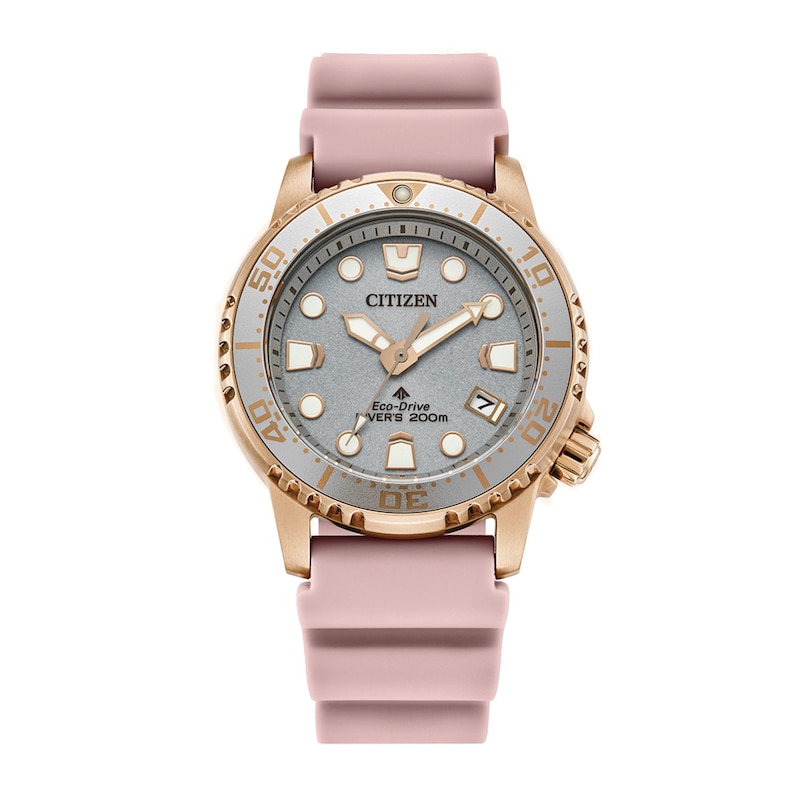 Ladies' Citizen Eco-Drive® Promaster Dive Rose-Tone Pink Rubber Strap Watch with Silver-Tone Dial (Model: EO2023-00A)|Peoples Jewellers