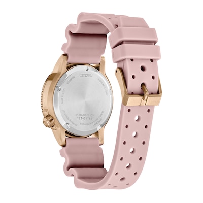 Ladies' Citizen Eco-Drive® Promaster Dive Rose-Tone Pink Rubber Strap Watch with Silver-Tone Dial (Model: EO2023-00A)