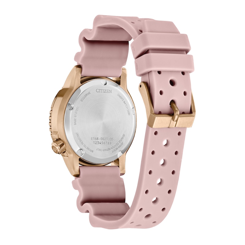 Ladies' Citizen Eco-Drive® Promaster Dive Rose-Tone Pink Rubber Strap Watch with Silver-Tone Dial (Model: EO2023-00A)