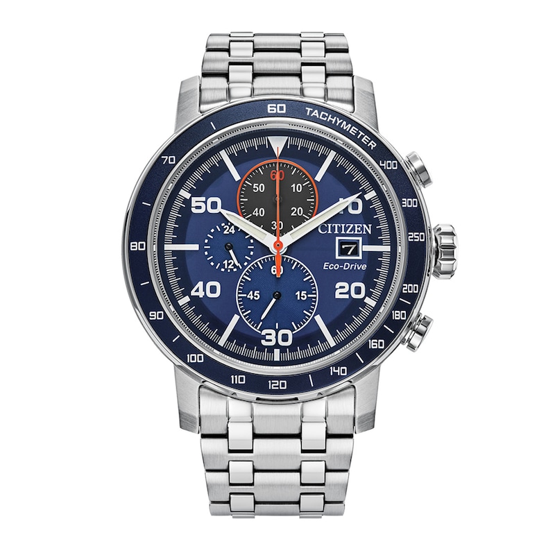 Men's Citizen Eco-Drive® Brycen Chronograph Silver-Tone Watch with Blue Dial (Model: CA0850-59L)