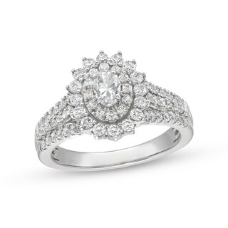 0.95 CT. T.W. Oval Diamond Shadow Frame Multi-Row Engagement Ring in 14K White Gold (I/I2)