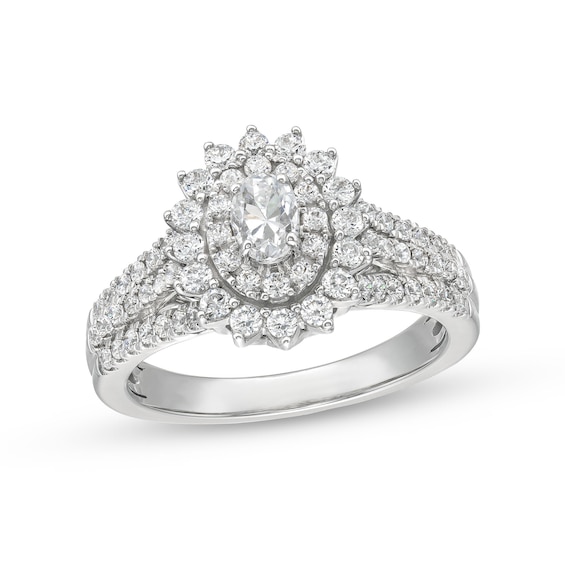 0.95 CT. T.W. Oval Diamond Shadow Frame Multi-Row Engagement Ring in 14K White Gold (I/I2)