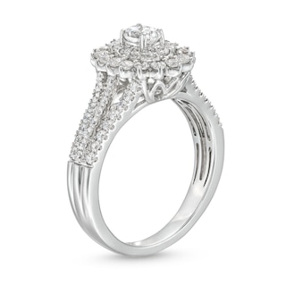 0.95 CT. T.W. Oval Diamond Shadow Frame Multi-Row Engagement Ring in 14K White Gold (I/I2)