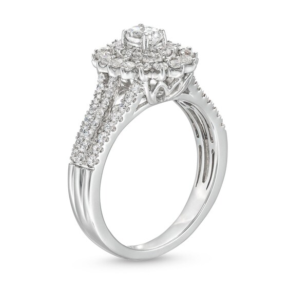 0.95 CT. T.W. Oval Diamond Shadow Frame Multi-Row Engagement Ring in 14K White Gold (I/I2)