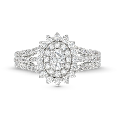 0.95 CT. T.W. Oval Diamond Shadow Frame Multi-Row Engagement Ring in 14K White Gold (I/I2)