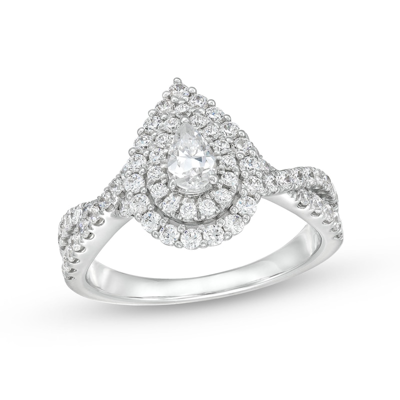 0.95 CT. T.W. Pear-Shaped Diamond Teardrop Frame Split Shank Engagement Ring in 14K White Gold (I/I2)|Peoples Jewellers