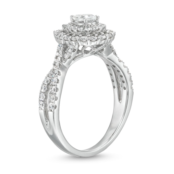 0.95 CT. T.W. Pear-Shaped Diamond Double Frame Split Shank Engagement Ring in 14K White Gold (I/I2)