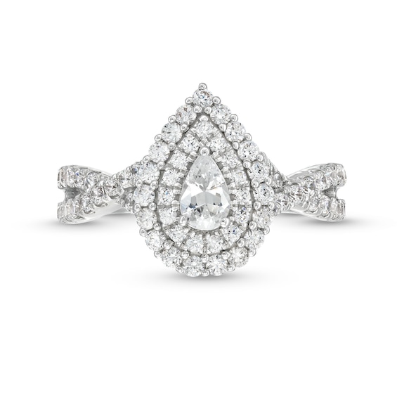 0.95 CT. T.W. Pear-Shaped Diamond Double Frame Split Shank Engagement Ring in 14K White Gold (I/I2)