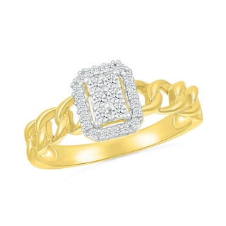 0.18 CT. T.W. Emerald Multi-Diamond Frame Curb Chain Shank Ring in Sterling Silver with 10K Gold Plate