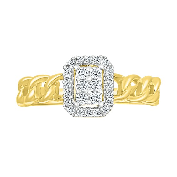 0.18 CT. T.W. Emerald Multi-Diamond Frame Curb Chain Shank Ring in Sterling Silver with 10K Gold Plate