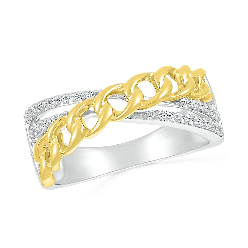 0.147 CT. T.W. Diamond Curb Chain Overlay Criss-Cross Ring in Sterling Silver with 10K Gold Plate|Peoples Jewellers