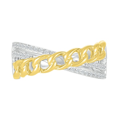 0.147 CT. T.W. Diamond Curb Chain Overlay Criss-Cross Ring in Sterling Silver with 10K Gold Plate