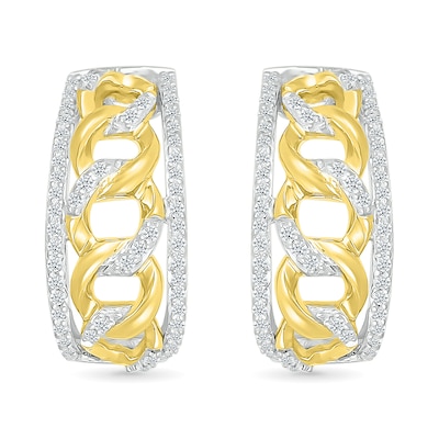 0.29 CT. T.W. Diamond Edge Curb Chain J-Hoop Earrings in Sterling Silver with 10K Gold Plate