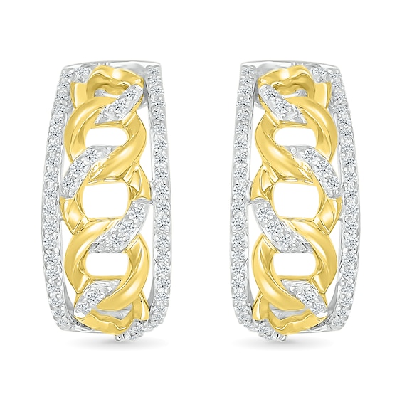 0.29 CT. T.W. Diamond Edge Curb Chain J-Hoop Earrings in Sterling Silver with 10K Gold Plate