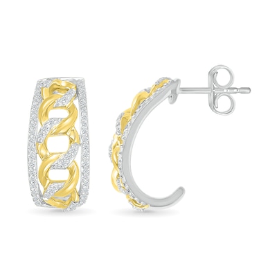 0.29 CT. T.W. Diamond Edge Curb Chain J-Hoop Earrings in Sterling Silver with 10K Gold Plate