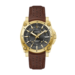 Men's Bulova Icon Gold-Tone Brown Racing Strap Watch with Black Dial (Model: 97B216)