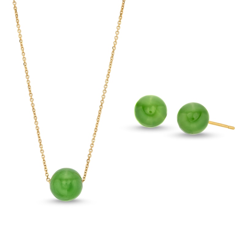 8.0mm Jade Ball Necklace and Stud Earrings Set in 14K Gold|Peoples Jewellers