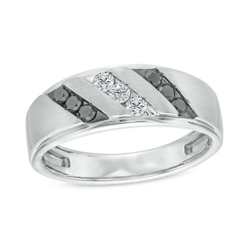 Men's 0.40 CT. T.W. Black and White Diamond Slanted Triple Row Band in Sterling Silver|Peoples Jewellers