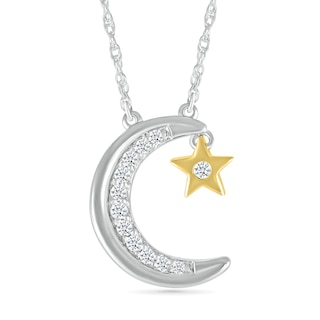 0.04 CT. T.W. Diamond Crescent Moon with Star Dangle Necklace in Sterling Silver and 10K Gold Plate