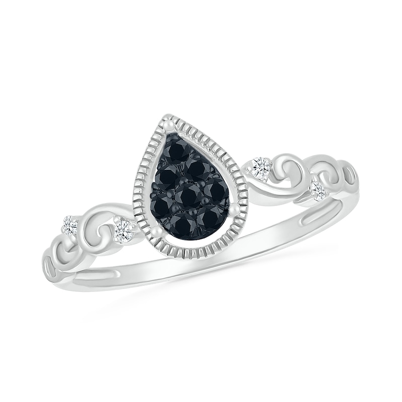 0.145 CT. T.W. Pear Black Multi-Diamond Teardrop and Scrollwork Ring in Sterling Silver|Peoples Jewellers