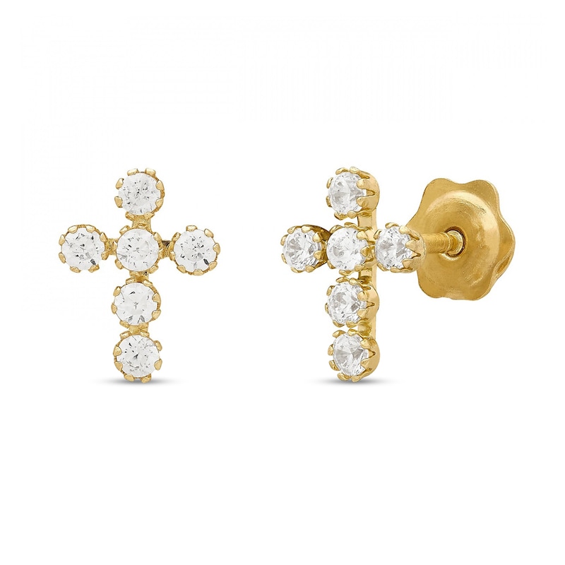 Child's White Lab-Created Sapphire Cross Stud Earrings in 14K Gold|Peoples Jewellers